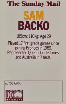1990 Streets Brisbane Broncos #NNO Sam Backo Back